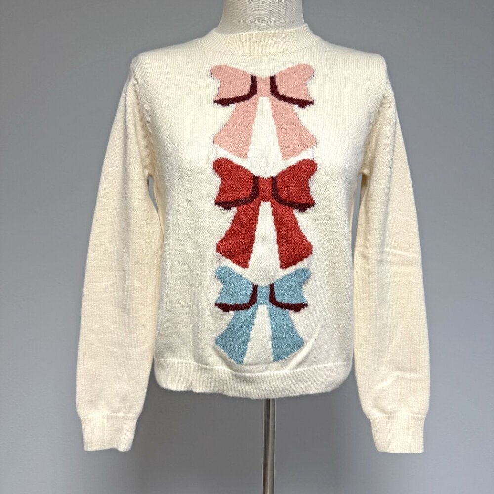 So Me Cream Crewneck Sweater with Pink Red and Blue Bow Motif